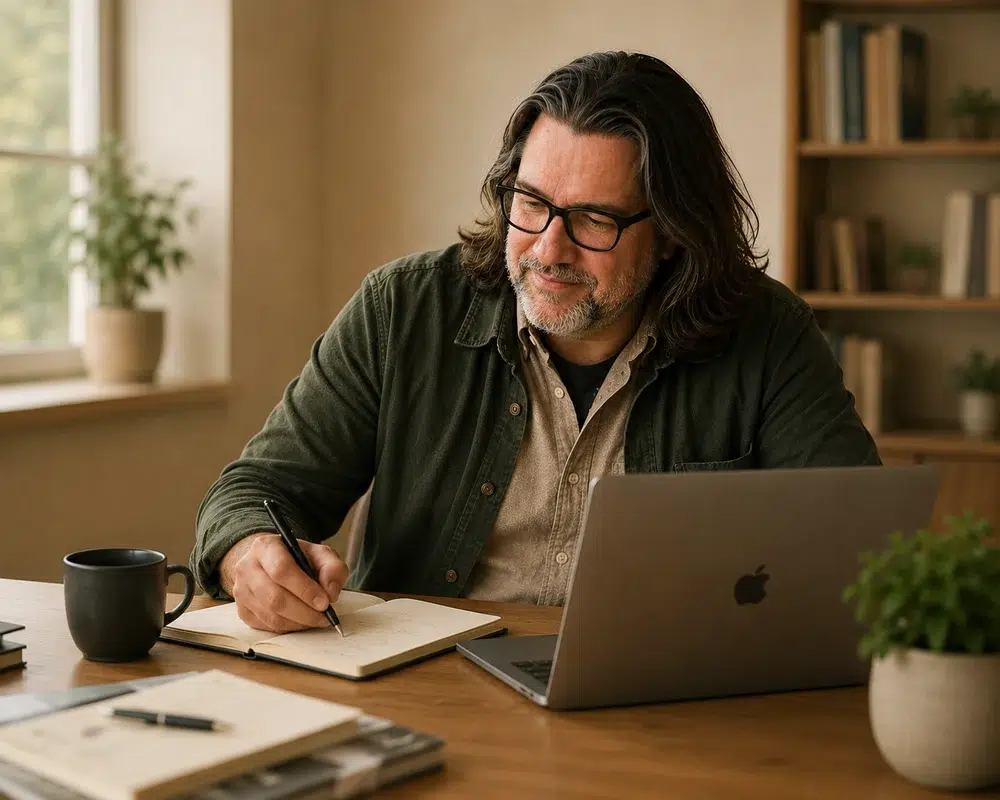Michael Zeletzky bei der Arbeit am Laptop in seinem Arbeitszimmer